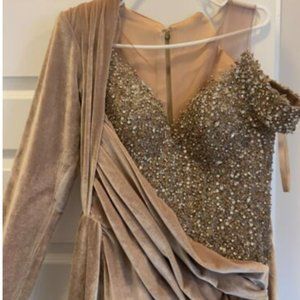 Valdrin Sahiti Gold Velvet Dress with Hand Stitched Beaded Corset (size 12)